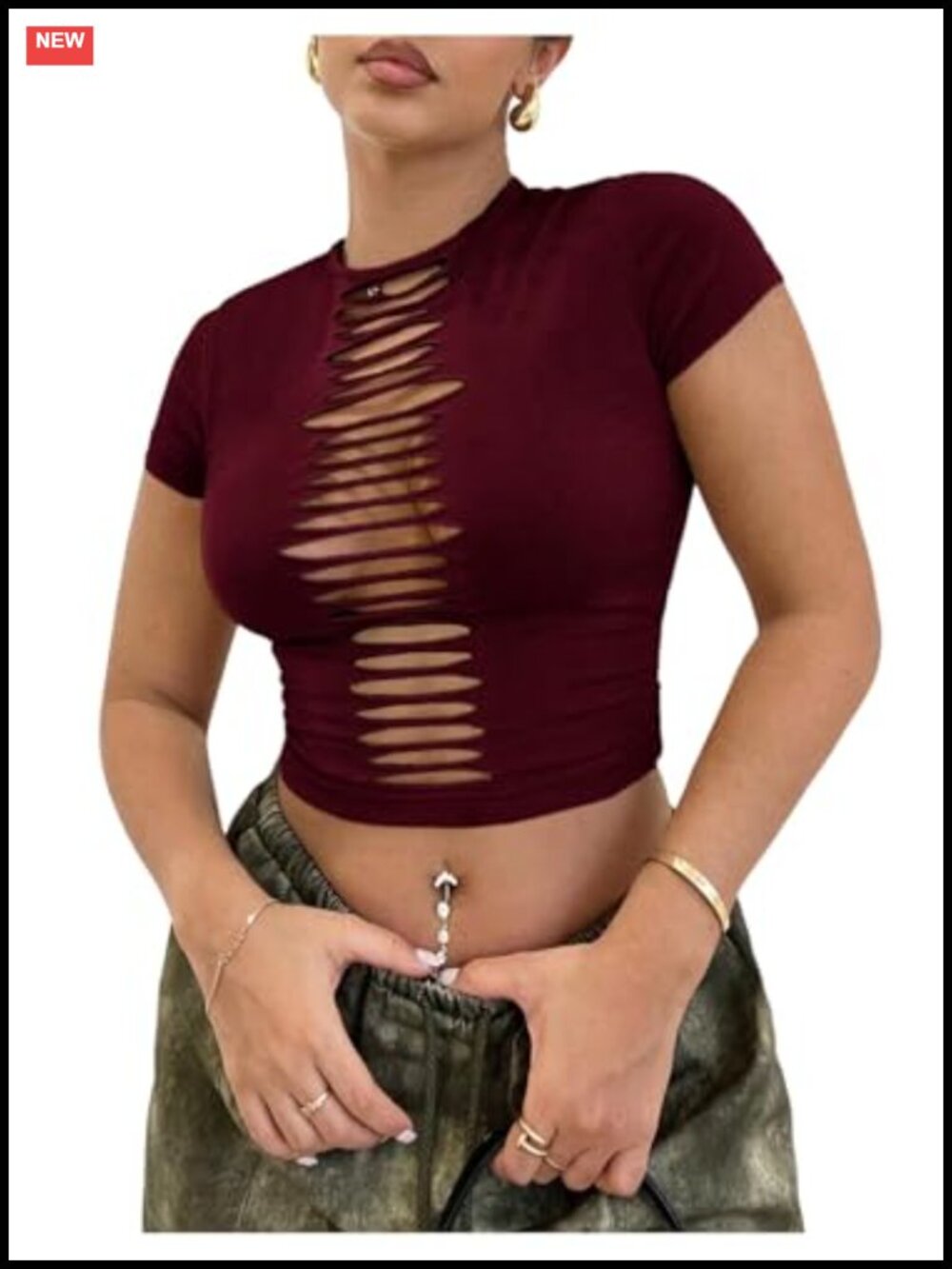 Women's Cut Out Ripped Crop Top Short Sleeve Slim Fit Tee Going Out